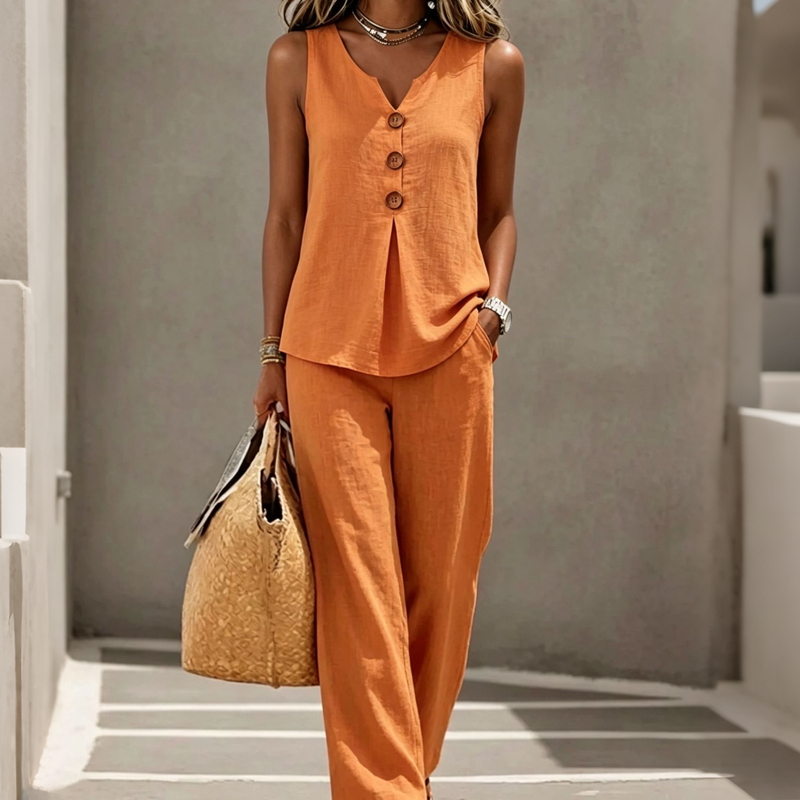 Women's Sleeveless Button Top and Loose Pants Set