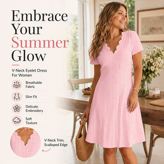 👗Top Pick - V-Neck Eyelet Dress with Scallop Trim – Lightweight & Romantic for Garden Parties or Brunch 🌿