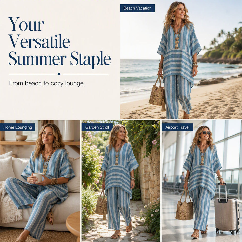 🌸Women's Loose V-Neck Striped 2-Piece Casual Set – Relaxed Oversized Fit & Effortless Style 🌿