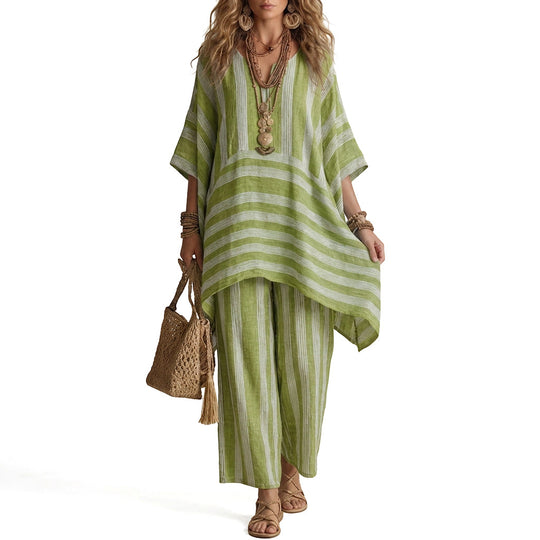 🌸Women's Loose V-Neck Striped 2-Piece Casual Set – Relaxed Oversized Fit & Effortless Style 🌿
