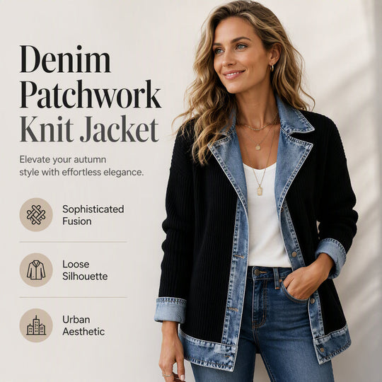 Seasonal Style🛍️Women’s Elegant Denim Spliced Ribbed Knit Coat