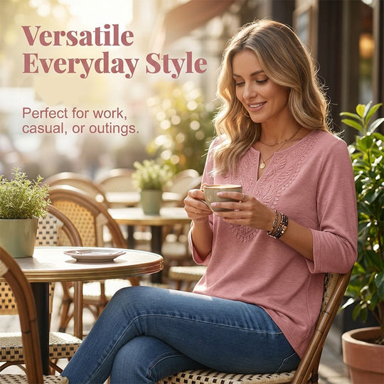 ☀️👚Top Pick - Lace-Trim V-Neck Blouse – Breathable Fabric & Flattering Drape for Work or Weekend 🌿