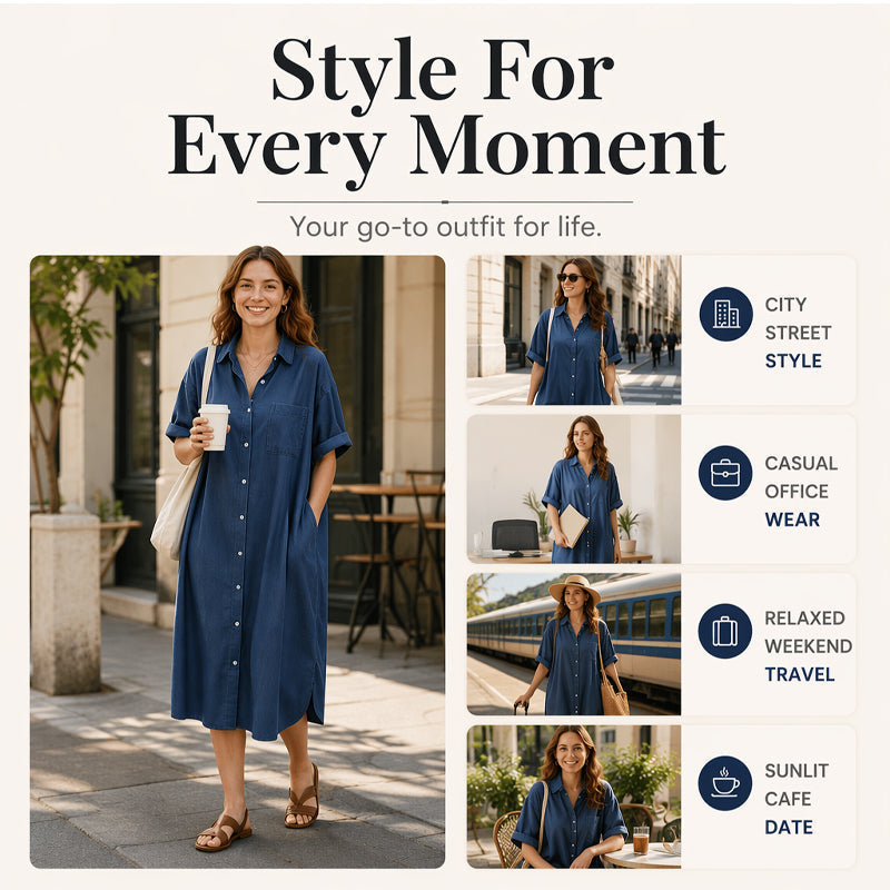 ✨Loose-Fit Denim Dress with Button Placket – Timeless Wardrobe Staple for Weekends or Travel 🍃
