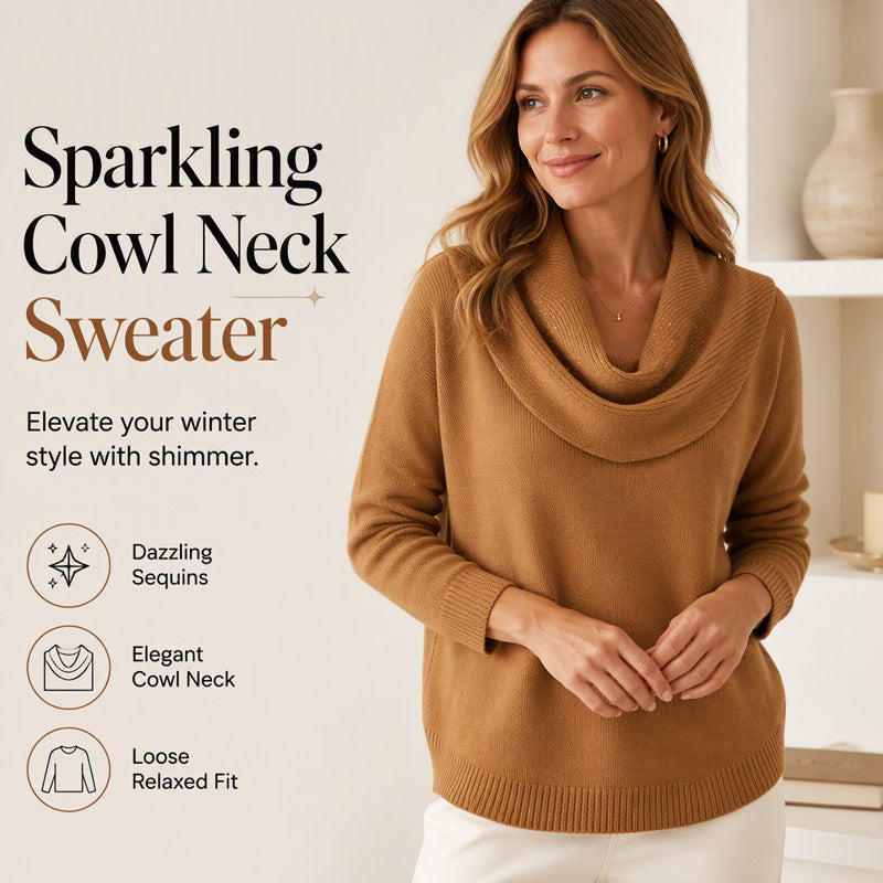 👚New Arrivals - Sequin Cowl Neck Pullover – Soft Ribbed Cuffs & Elegant Drape for Any Occasion 🌿