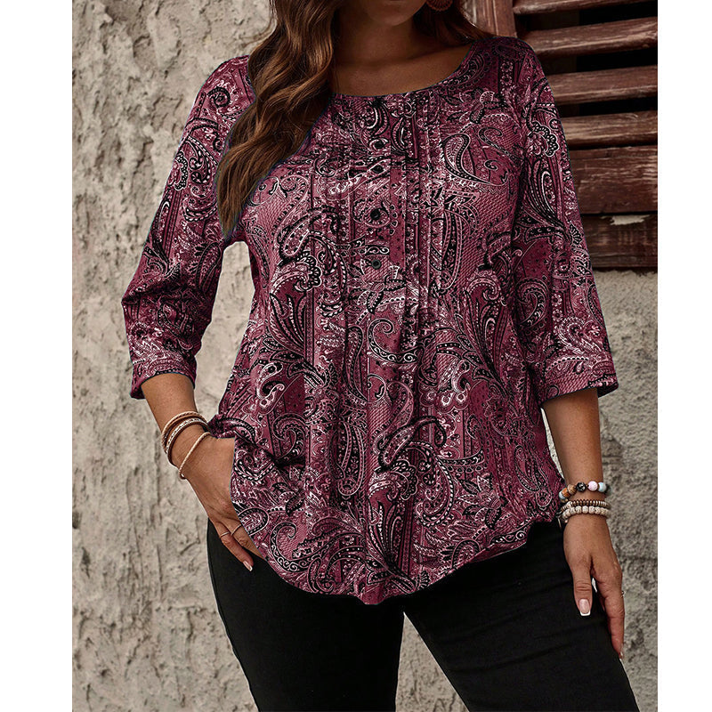 Plus-Size Paisley Blouse – Loose Fit & Curved Hem Design