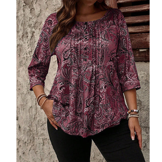 Plus-Size Paisley Blouse – Loose Fit & Curved Hem Design