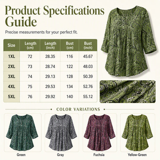 Plus-Size Paisley Blouse – Loose Fit & Curved Hem Design