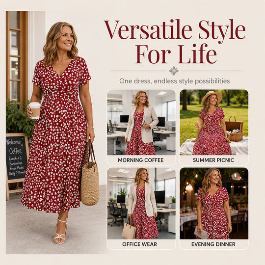 Women's Elegant V-Neck Floral Print Dress with pockets