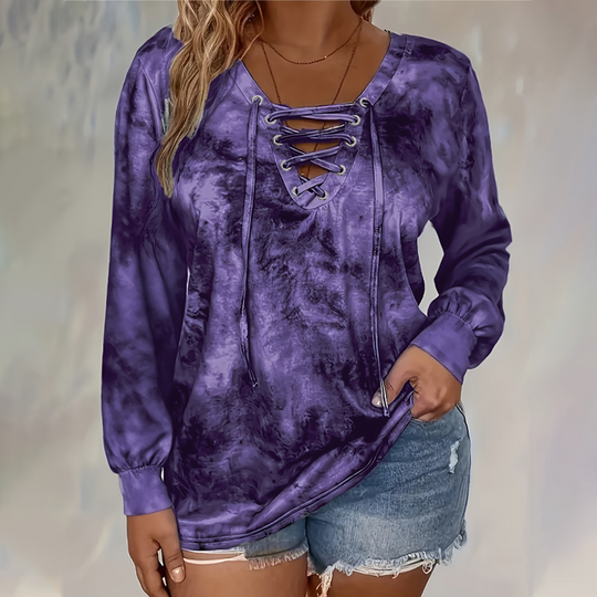 ☀️👚New Arrivals - V-Neck Tie-Dye Top with Lace-Up Detail – Soft Drape & Versatile Style for Any Casual Day