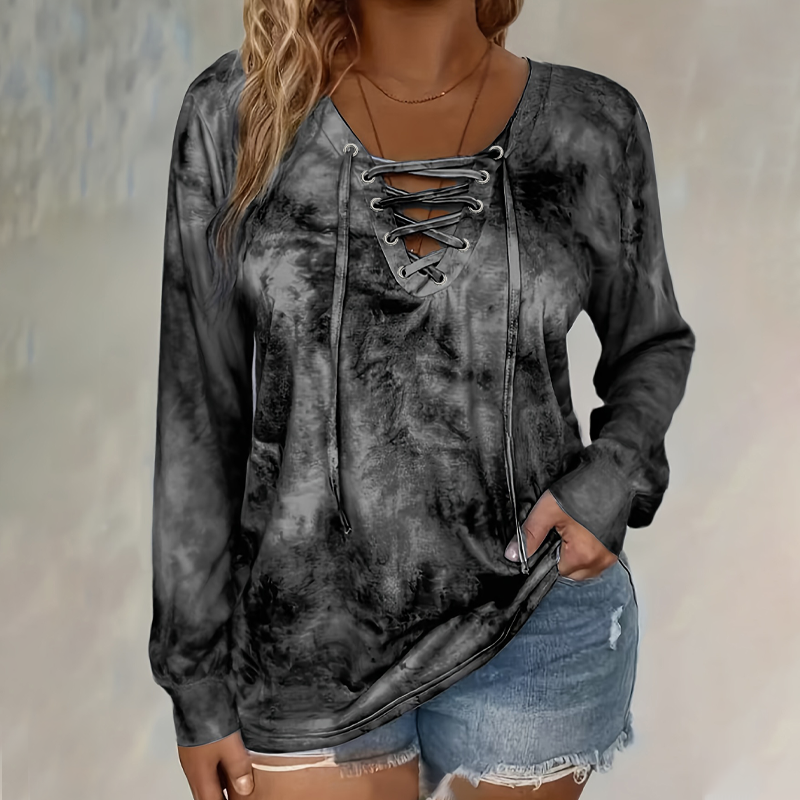 ☀️👚New Arrivals - V-Neck Tie-Dye Top with Lace-Up Detail – Soft Drape & Versatile Style for Any Casual Day