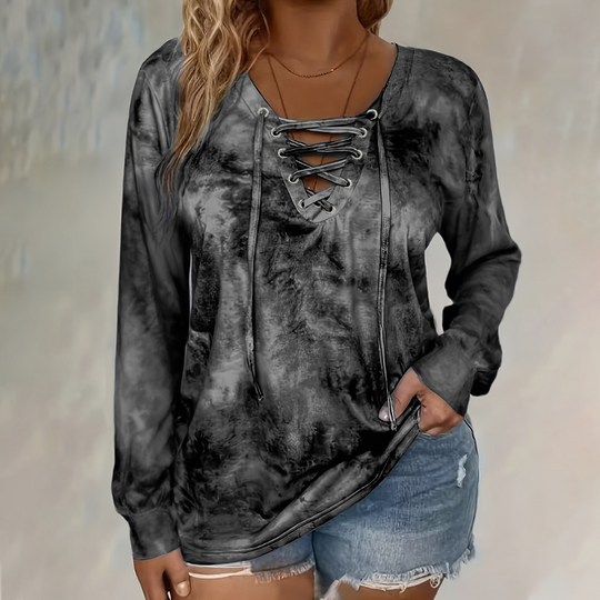 ☀️👚New Arrivals - V-Neck Tie-Dye Top with Lace-Up Detail – Soft Drape & Versatile Style for Any Casual Day