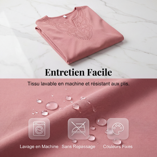 Tunique pour femme à col V, bord en dentelle et manches 3/4