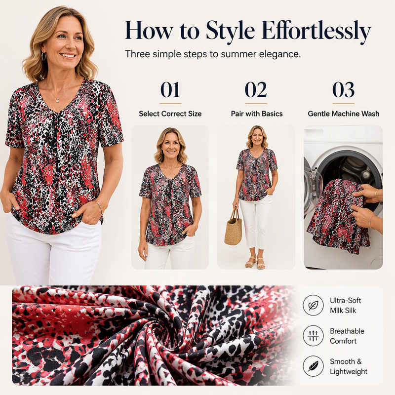 Women V Neck Leopard Print Short Sleeve T-Shirt Pleated Tunic Top