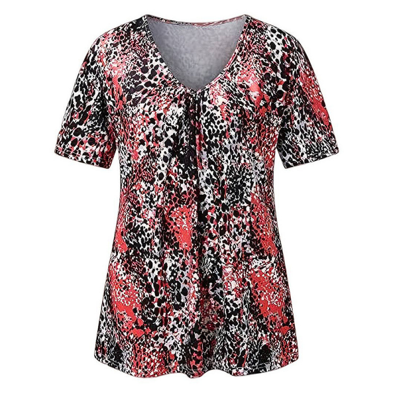 Women V Neck Leopard Print Short Sleeve T-Shirt Pleated Tunic Top