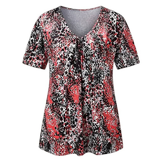 Women V Neck Leopard Print Short Sleeve T-Shirt Pleated Tunic Top