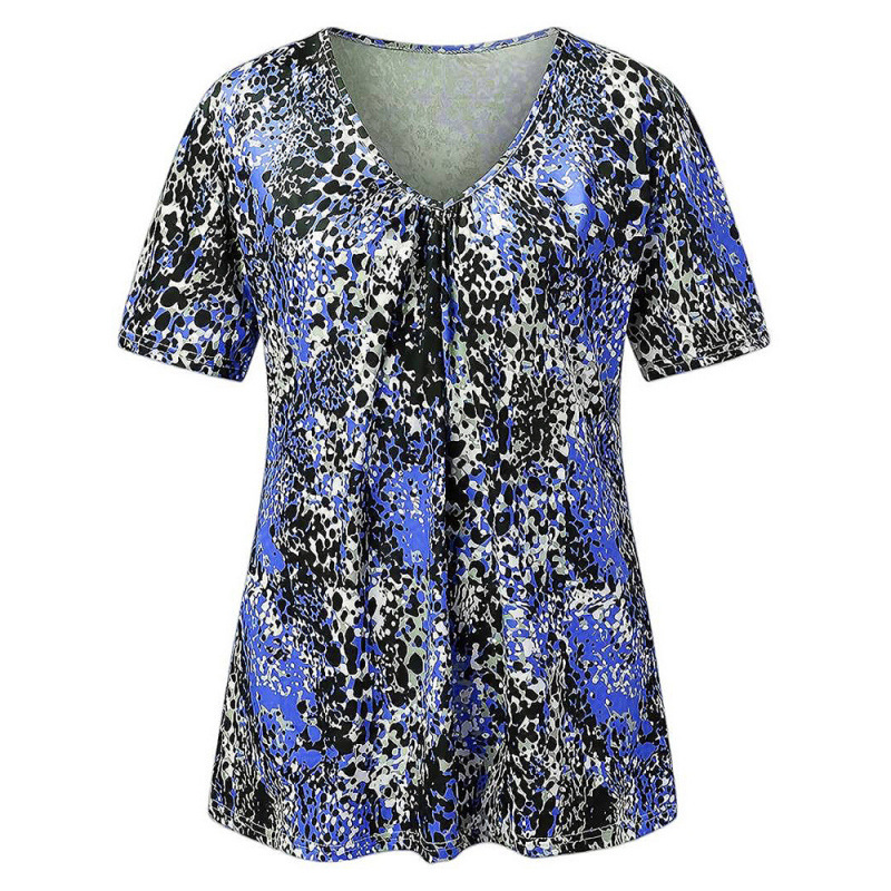 Women V Neck Leopard Print Short Sleeve T-Shirt Pleated Tunic Top