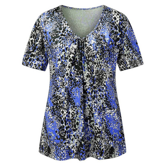 Women V Neck Leopard Print Short Sleeve T-Shirt Pleated Tunic Top