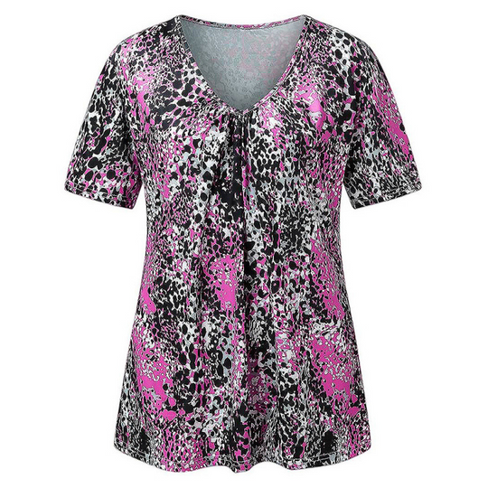 Women V Neck Leopard Print Short Sleeve T-Shirt Pleated Tunic Top