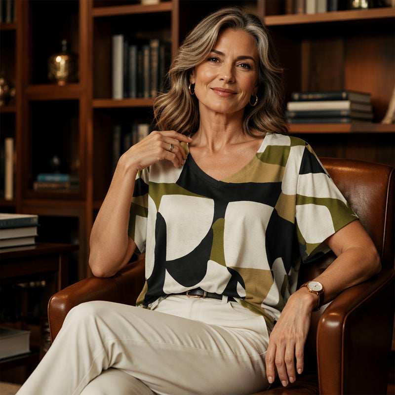 👚New Arrivals - Cooling Fabric V-Neck Top with Artistic Print – Wrinkle-Resistant & Soft Touch for All-Day Wear