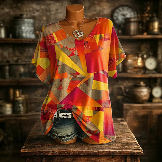 👚New Arrivals - Cooling Fabric V-Neck Top with Artistic Print – Wrinkle-Resistant & Soft Touch for All-Day Wear