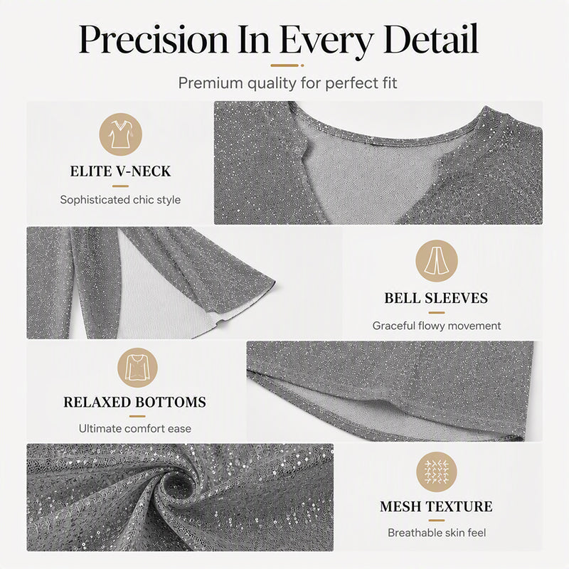 ✨👚New Arrivals - Sparkly Flare Sleeve Top – Shimmering Fabric & Chic Split Cuff for Glamorous Vibes