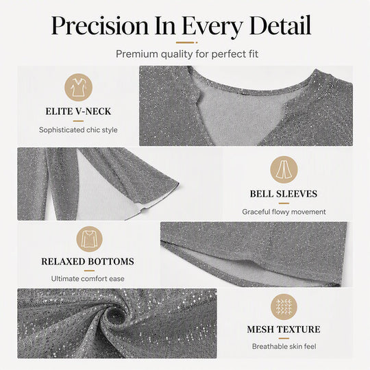 ✨👚New Arrivals - Sparkly Flare Sleeve Top – Shimmering Fabric & Chic Split Cuff for Glamorous Vibes