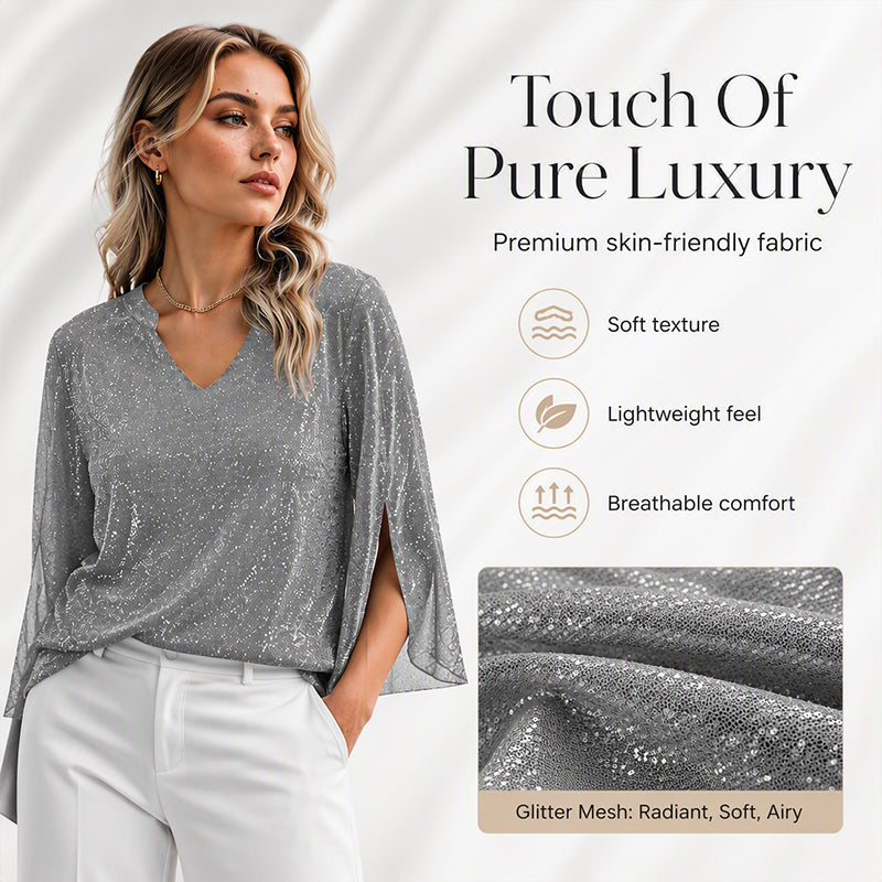 ✨👚New Arrivals - Sparkly Flare Sleeve Top – Shimmering Fabric & Chic Split Cuff for Glamorous Vibes