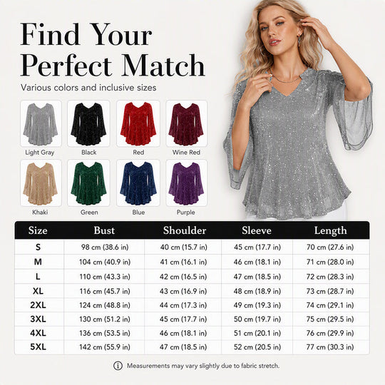 ✨👚New Arrivals - Sparkly Flare Sleeve Top – Shimmering Fabric & Chic Split Cuff for Glamorous Vibes