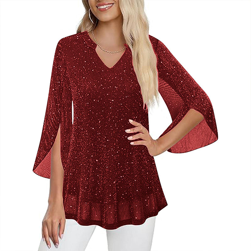 ✨👚New Arrivals - Sparkly Flare Sleeve Top – Shimmering Fabric & Chic Split Cuff for Glamorous Vibes