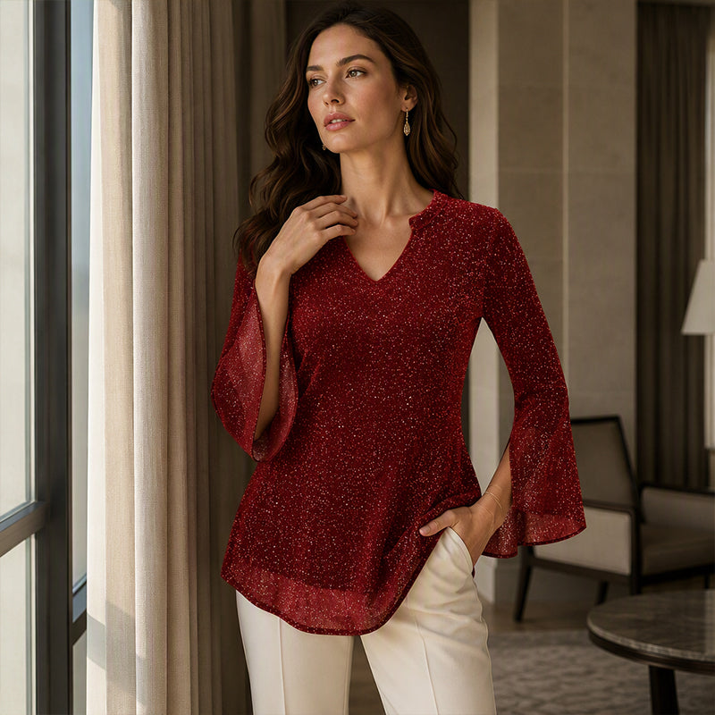 ✨👚New Arrivals - Sparkly Flare Sleeve Top – Shimmering Fabric & Chic Split Cuff for Glamorous Vibes