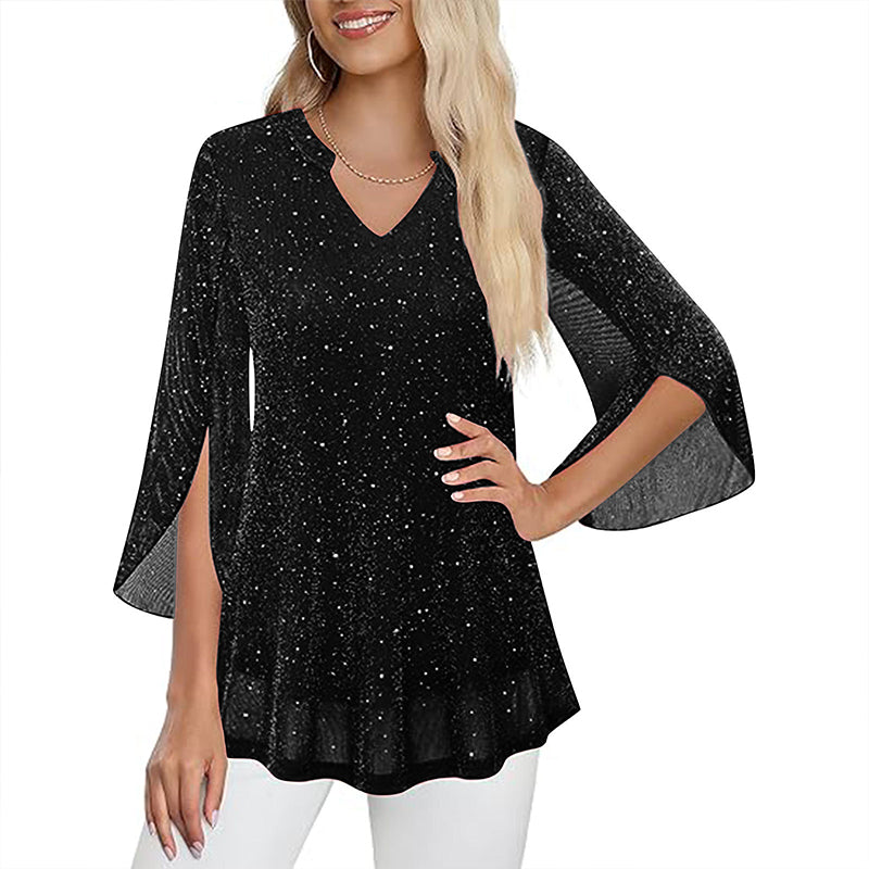 ✨👚New Arrivals - Sparkly Flare Sleeve Top – Shimmering Fabric & Chic Split Cuff for Glamorous Vibes