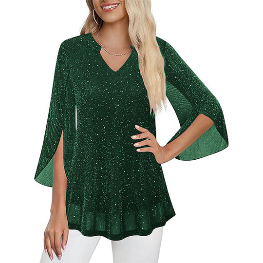 ✨👚New Arrivals - Sparkly Flare Sleeve Top – Shimmering Fabric & Chic Split Cuff for Glamorous Vibes