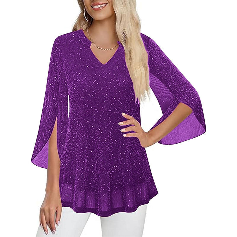 ✨👚New Arrivals - Sparkly Flare Sleeve Top – Shimmering Fabric & Chic Split Cuff for Glamorous Vibes