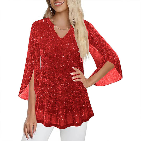 ✨👚New Arrivals - Sparkly Flare Sleeve Top – Shimmering Fabric & Chic Split Cuff for Glamorous Vibes