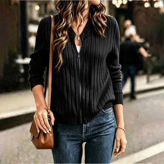 Women's Ribbed Knit Zip-Up Bomber Jacket