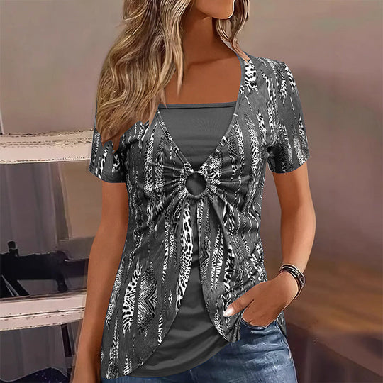 Retro Leopard Mock 2-Piece Top – Square Neck & Breezy Design