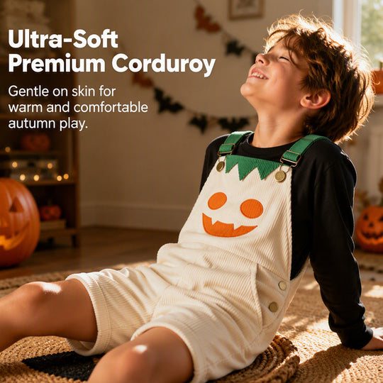Kids Halloween Pumpkin Corduroy Overalls Suspender Shorts with Pockets