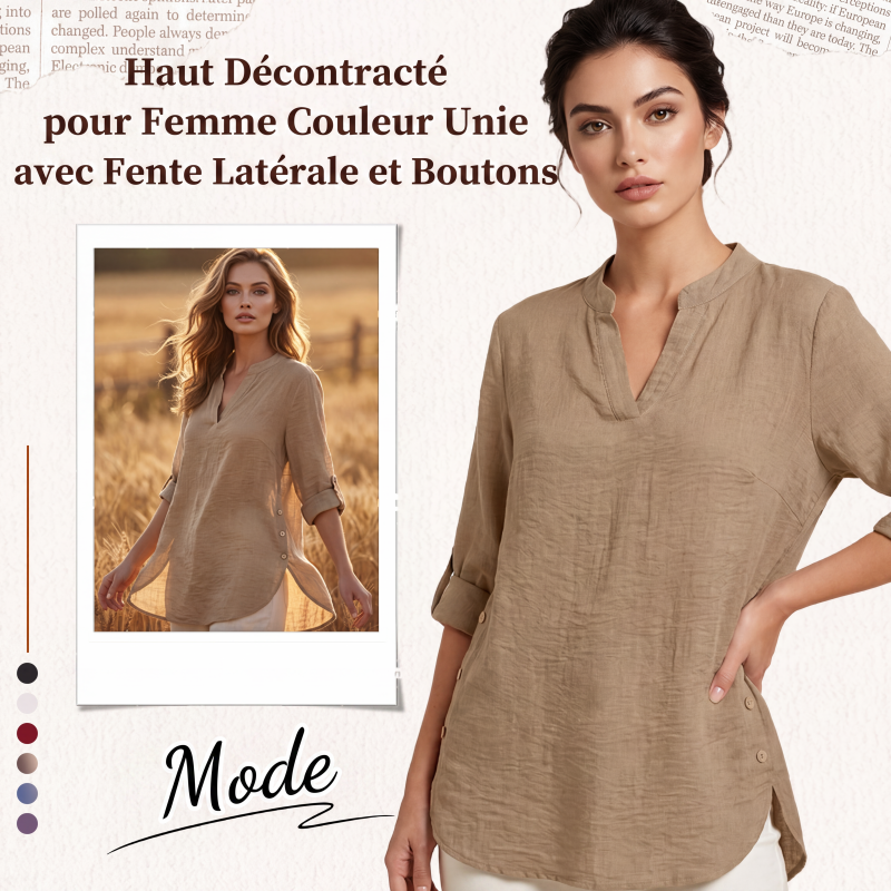 🔥 Hot Sale 🔥 Haut décontracté de couleur unie avec boutons et fente latérale