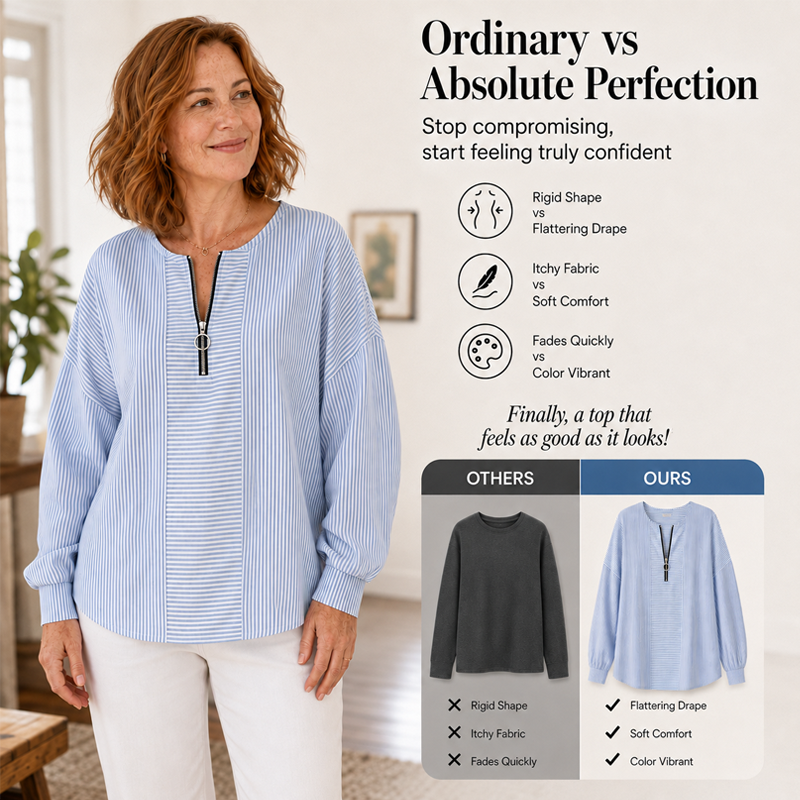 Women's Striped Zip-Up Long Sleeve Top