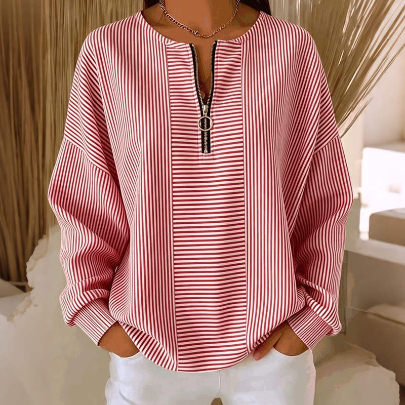 Women's Striped Zip-Up Long Sleeve Top