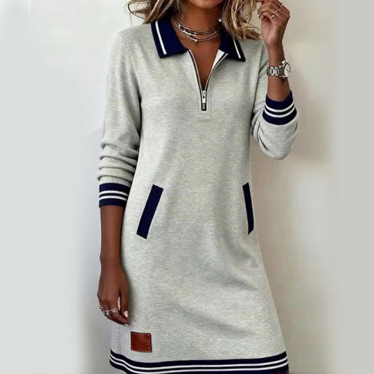 Trending Now⭐👗 Collared Quarter-Zip Dress with Front Pockets – Sporty Striped Accents & Relaxed Straight Fit for Everyday Style