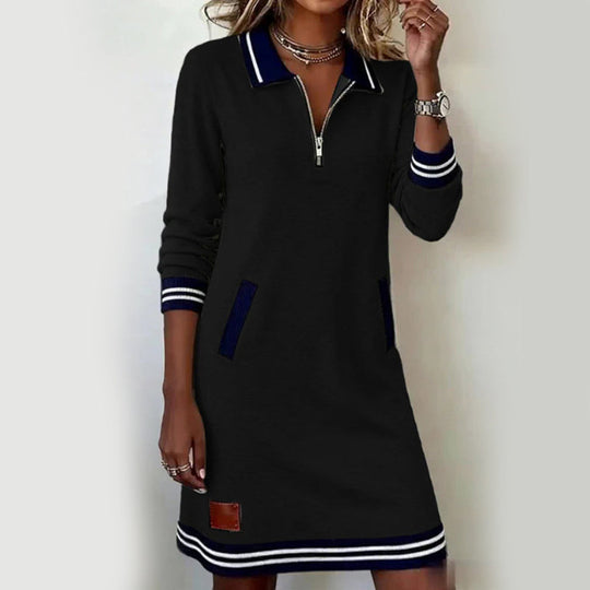 Trending Now⭐👗 Collared Quarter-Zip Dress with Front Pockets – Sporty Striped Accents & Relaxed Straight Fit for Everyday Style