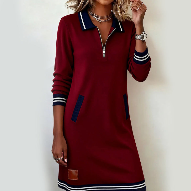 Trending Now⭐👗 Collared Quarter-Zip Dress with Front Pockets – Sporty Striped Accents & Relaxed Straight Fit for Everyday Style