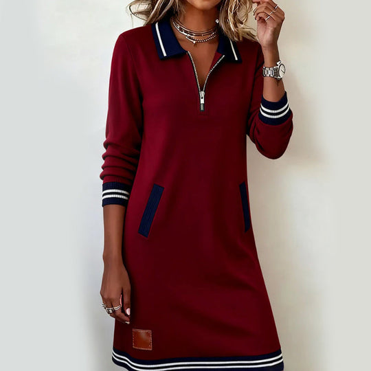 Trending Now⭐👗 Collared Quarter-Zip Dress with Front Pockets – Sporty Striped Accents & Relaxed Straight Fit for Everyday Style
