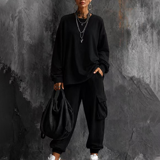 Women's Casual Crew Neck Top & Cargo Pants Set