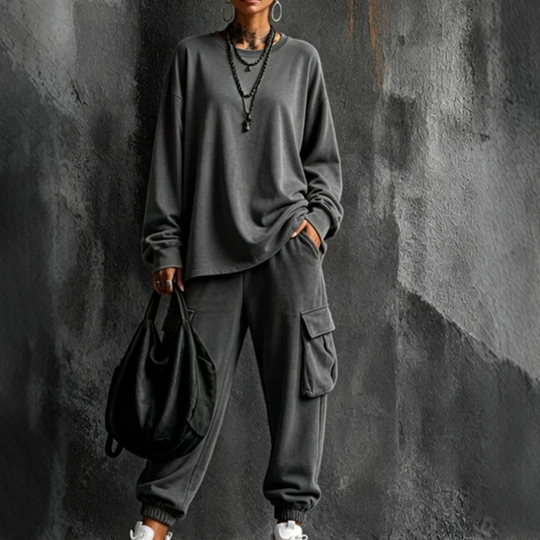 Women's Casual Crew Neck Top & Cargo Pants Set