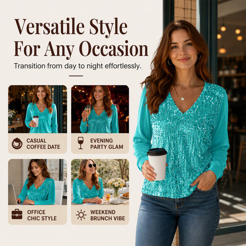 Trending Now✨ Elegant Sequin V-Neck Top – Shimmering Detail for Effortless Party Glam