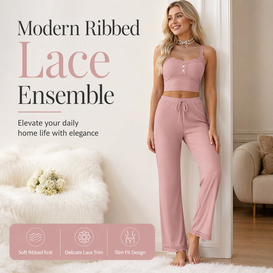 Trending Now⭐🌸 Lace-Trim Camisole & Straight-Leg Pajama Set – Ribbed Texture & Relaxed Fit for Cozy Lounging
