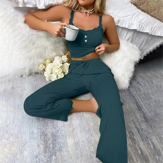 Trending Now⭐🌸 Lace-Trim Camisole & Straight-Leg Pajama Set – Ribbed Texture & Relaxed Fit for Cozy Lounging