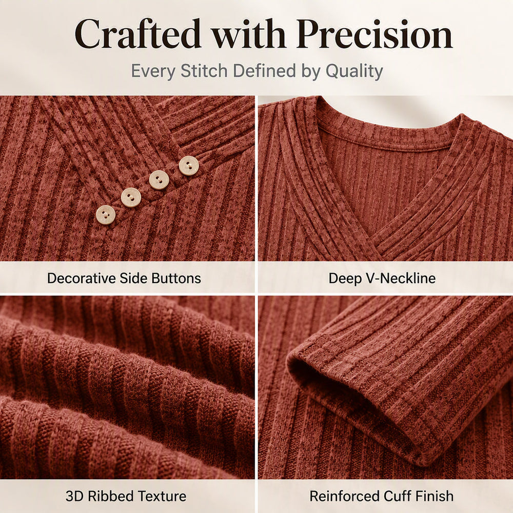 Women's Ribbed Knit V-Neck Top with Decorative Buttons